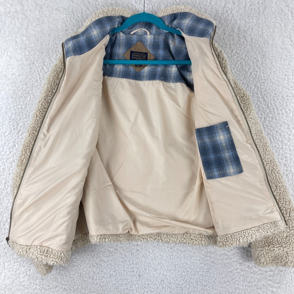Pendleton Fleece Jacket Womens Large Ivory Sherpa Flannel Lined Full Zip Cozy - Picture 13 of 16